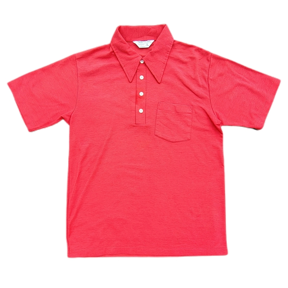 VINTAGE 70's JCPenney Red Knit Polo Shirt GROOVY Butterfly Collar Sz Lrg.